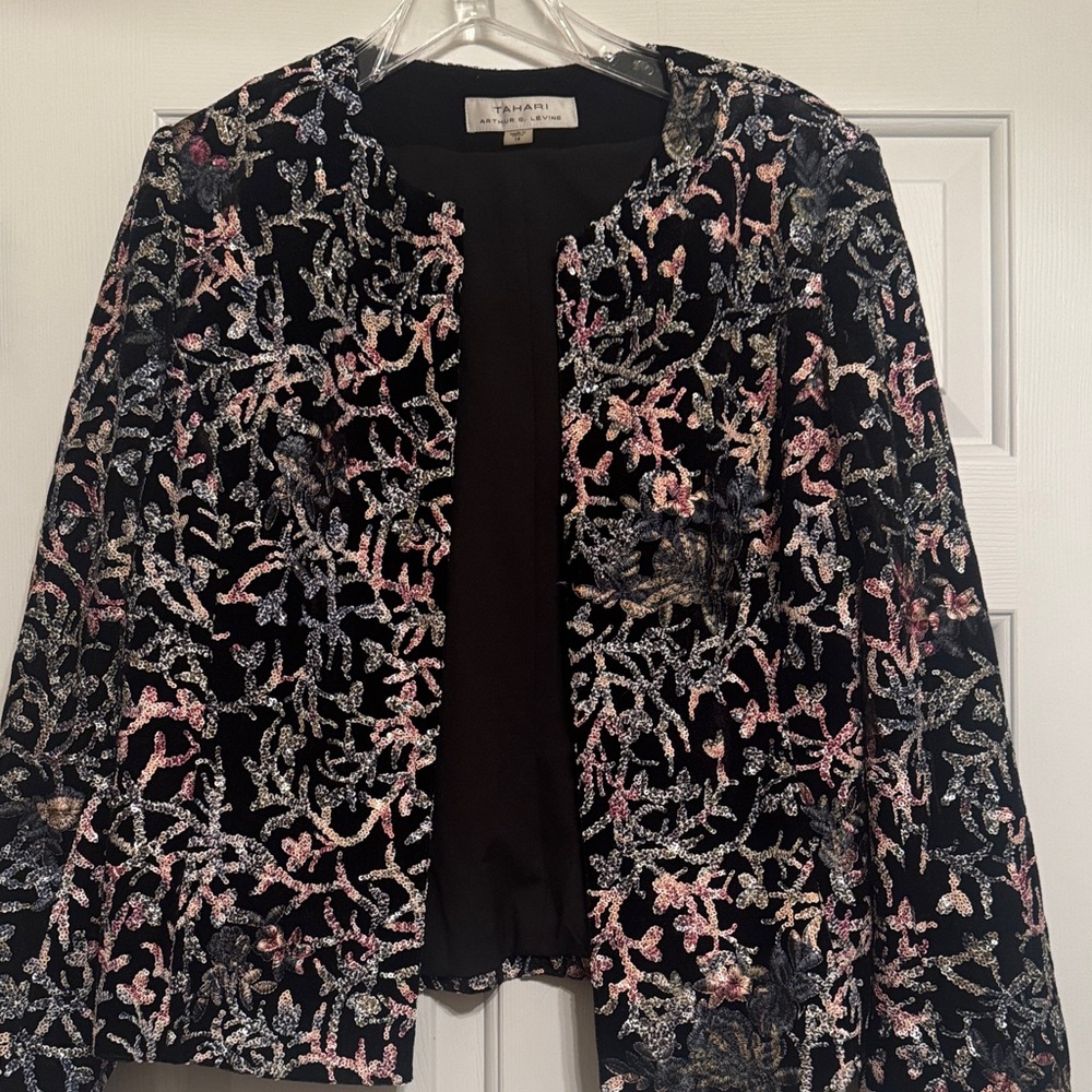 Tahari Black Blazer with Pink and Blue Embroidery